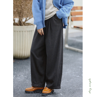 秋冬茧型休闲裤 花吉L060黑灰色夜海星沙彩点宽松毛呢裤 女2026新款