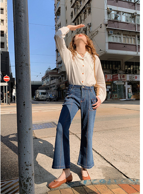 花吉K310蓝色复古撞色明线立体小口袋微喇九分牛仔裤女2025新款春