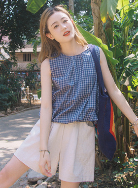 花吉B972蓝色格子条纹纯棉花苞无袖衬衫女2025新款夏套头圆领衬衣