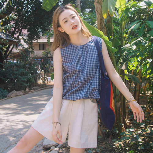 花吉蓝色格纹纯棉无袖衬衫