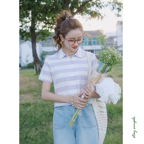 花吉B762香芋色翻领开襟混色条纹T恤女2026新款夏横条纹纯棉上衣
