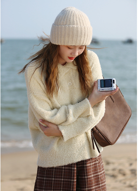 花吉B554鹅黄色宽松柔软泰迪卷毛翻领毛衣女2025新款秋冬学生上衣