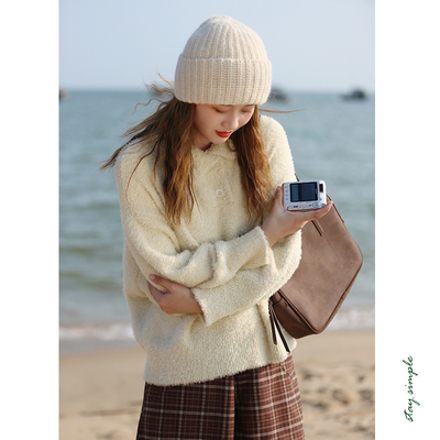 可翻领可高领宽松卷毛毛衣