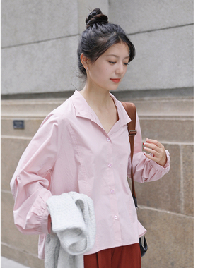 花吉B498白色莫代尔长袖宽松立领翻领抽碎褶衬衫女2025新款秋衬衣