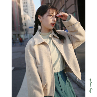 花吉B533燕麦色翻领圈圈羊毛呢外套女2026年新款秋冬小个子大衣
