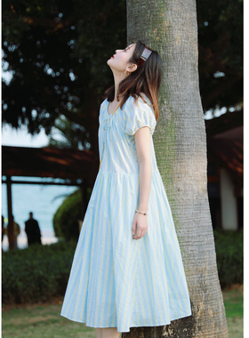 【花吉0423】“海盐乳酪”条纹系带连衣裙