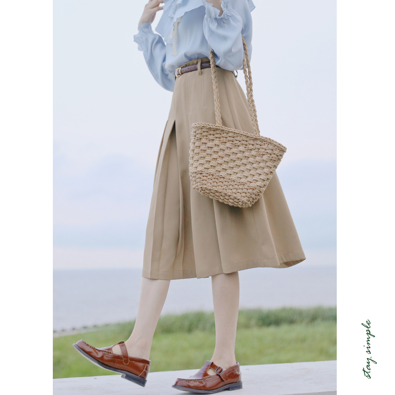 拿铁色高腰学院风垂软百褶半身裙