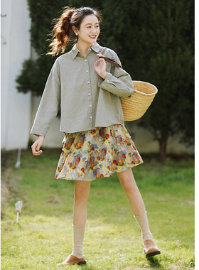 花吉B907灰绿色四叶草字母刺绣长袖宽松纯棉衬衫女2026新款春衬衣