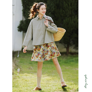 花吉B907灰绿色四叶草字母刺绣长袖宽松纯棉衬衫女2026新款春衬衣