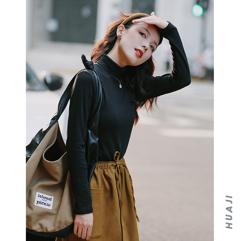 白色高领竹节打底衫女