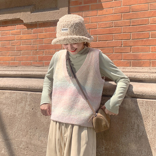 晚霞粉V领套头针织马甲