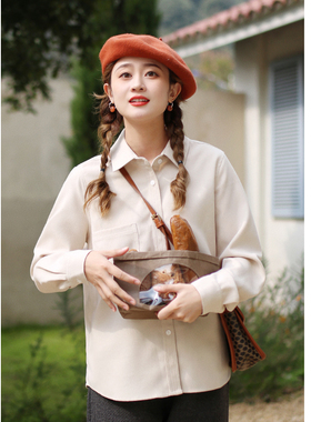 花吉B671米杏色宽松正肩长袖条绒衬衫女2025新款秋冬学院风衬衣