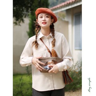 秋冬学院风衬衣 女2025新款 花吉B671米杏色宽松正肩长袖 条绒衬衫
