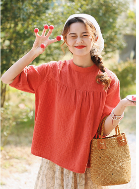 花吉B935红色圆领柔软双层棉纱剪花短袖衬衫女2026新款春半袖衬衣