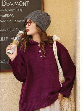 花吉B651紫色甜美连帽三粒扣宽松学院风毛衣女2026新款冬季上衣