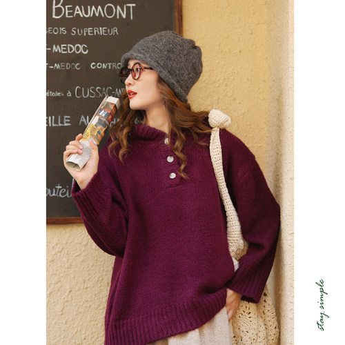 花吉B651紫色甜美连帽三粒扣宽松学院风毛衣女2025新款冬季上衣