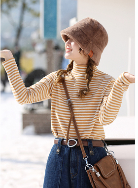 花吉B649橘色条纹半高领柔软加绒保暖T恤女2025新款秋冬打底衫