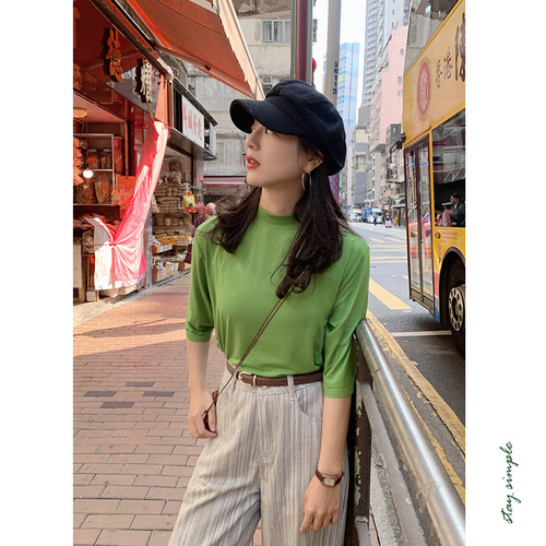 花吉B709青柠绿半高领显瘦莫代尔七分袖T恤女2026新款学院风上衣