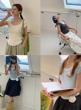 花吉B731浅蓝色假两件撞色设计感U领修身弹力T恤女2025新款夏上衣