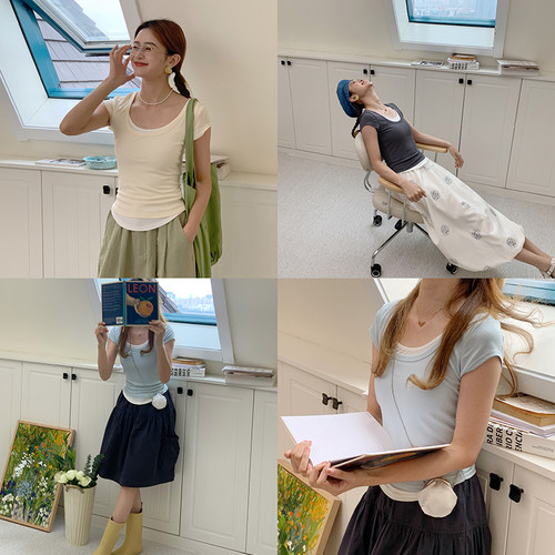 花吉B731浅蓝色假两件撞色设计感U领修身弹力T恤女2026新款夏上衣