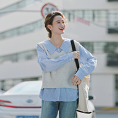 花吉B544浅花灰色百搭V领立体提花无袖 毛衣女2025新款 秋宽松马甲