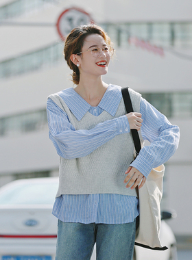 花吉B544浅花灰色百搭V领立体提花无袖毛衣女2025新款秋宽松马甲