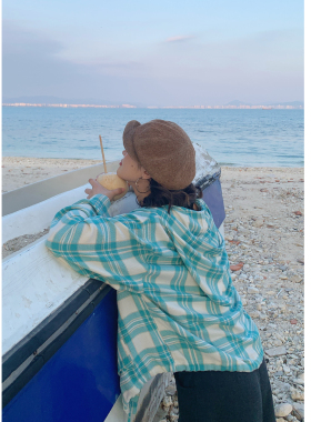 花吉C174绵柔清新薄荷格子条纹连帽长袖宽松衬衫女2026新款春外套