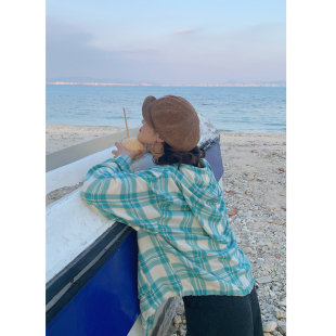 春外套 女2026新款 花吉C174绵柔清新薄荷格子条纹连帽长袖 宽松衬衫