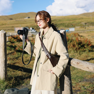 花吉B888浅卡其可立领日系中长款 秋冬宽松外套 风衣女2026年新款