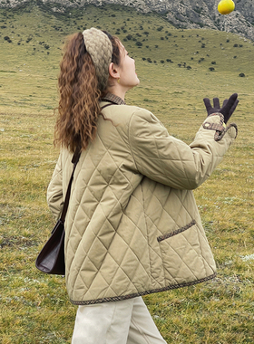 花吉A974绿色格子毛呢拼接菱格翻领棉服外套女2025新款秋冬棉衣