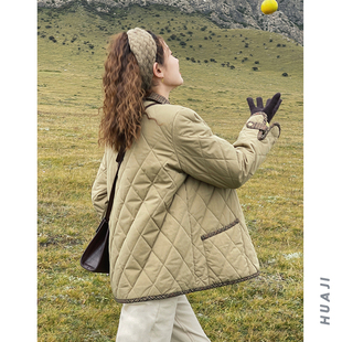 秋冬棉衣 花吉A974绿色格子毛呢拼接菱格翻领棉服外套女2026新款