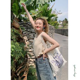 花吉B734杏色柔软舒适两粒扣半开襟条纹背心女2026新款 夏吊带