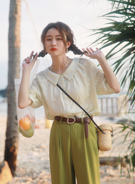 花吉B385薄荷绿日系少女感天丝竖条纹插肩袖衬衫女2025新款夏衬衣