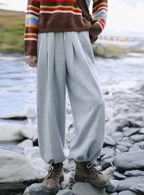 花吉K365浅灰色脚口松紧宽松九分灯笼卫衣裤女2025新款秋冬休闲裤