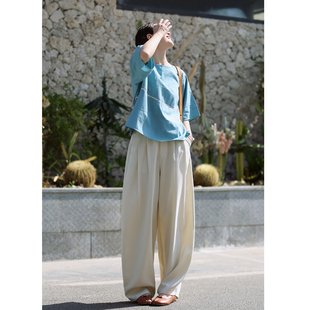 花吉L084米杏色高腰百搭筋骨感弹力宽松阔腿休闲长裤 春 女2026新款