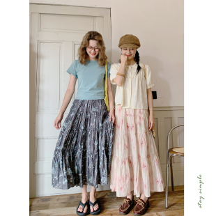 花吉Q551杏色复古宽松甜美印花松紧腰蛋糕半身裙2026新款 夏蛋糕裙