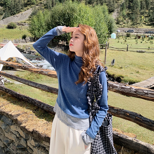 花吉B861海蓝色拼色花边堆堆领打底T恤女2025新款秋冬长袖上衣