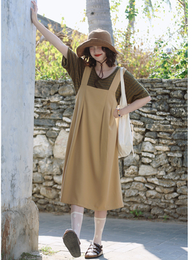 花吉Q576蛋卷黄色日系学院风垂感宽松背带裙2026新款夏背带连衣裙