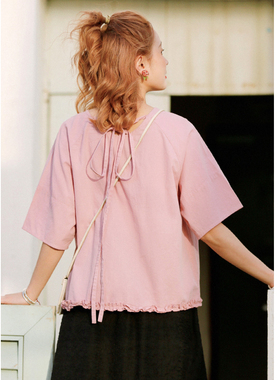 花吉B983粉色后背系带木耳边圆领套头衬衫女2025新款夏纯棉衬衣