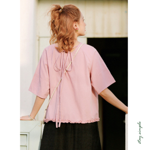 花吉B983粉色后背系带木耳边圆领套头衬衫 夏纯棉衬衣 女2026新款