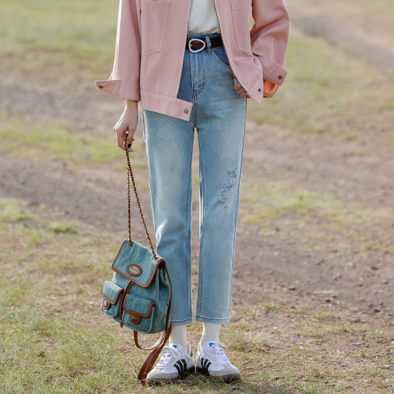 花吉K368蓝色高腰显瘦弹力直筒破洞牛仔裤女2025新款秋九分裤子