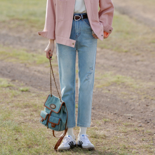 子 秋九分裤 花吉K368蓝色高腰显瘦弹力直筒破洞牛仔裤 女2026新款