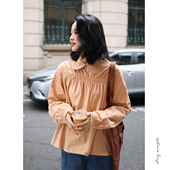 女2025新款 花吉C054奶橘色复古长袖 娃娃领全棉抽褶衬衫 秋纯棉衬衣