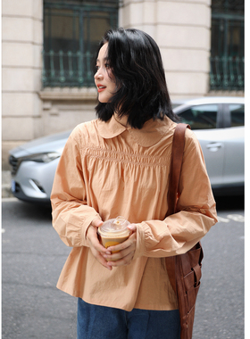 花吉C054奶橘色复古长袖娃娃领全棉抽褶衬衫女2026新款秋纯棉衬衣