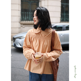 女2026新款 秋纯棉衬衣 娃娃领全棉抽褶衬衫 花吉C054奶橘色复古长袖