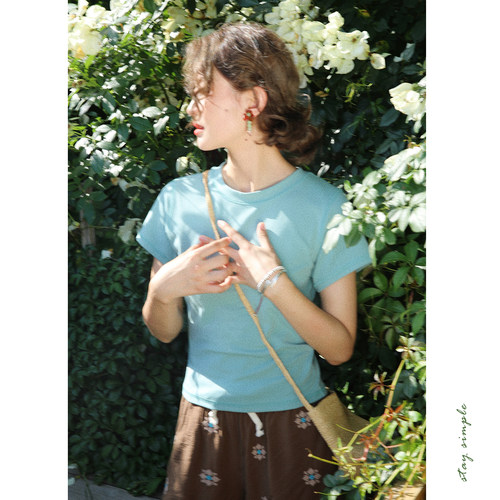 花吉蓝色修身弹力短款短袖T恤