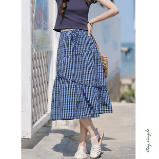 夏 花吉Q490蓝莓色光泽感格纹松紧腰不规则抽褶A字小蓬裙2026新款