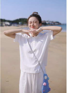 花吉B769白色polo翻领纯棉宽松T恤女2026新款夏全棉可盐可甜上衣