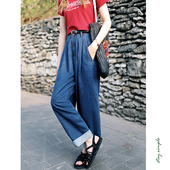 女2025新款 花吉K314靛蓝色高腰日杂女孩脚口翻边宽松薄款 牛仔裤 夏
