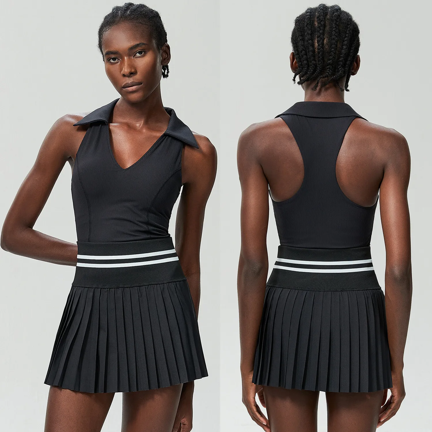 Yb421 stand collar vest + sp461 tennis skirt Two-piece set black